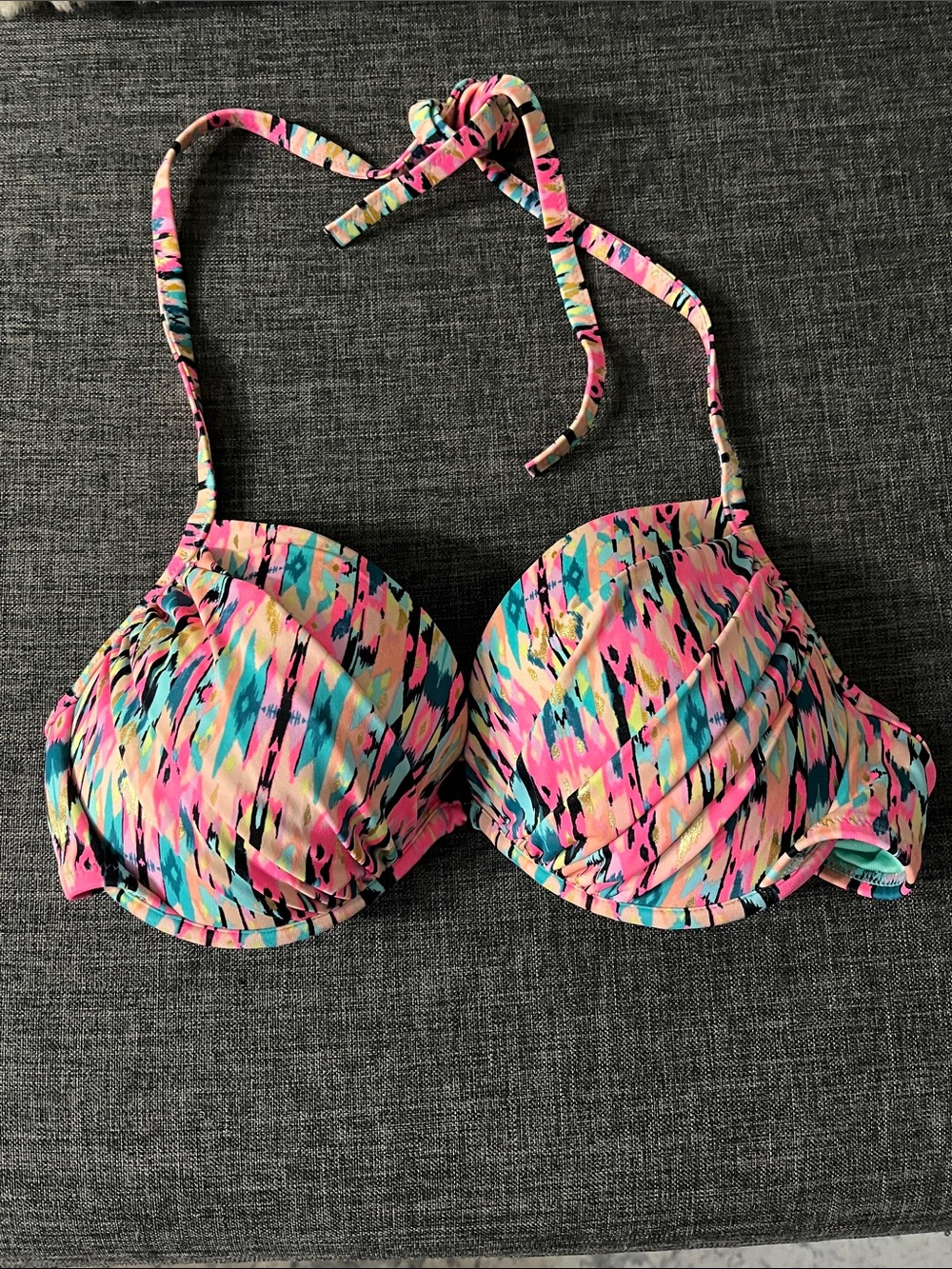 Colorful Abstract Print Halter Bikini Top - Pink, Teal, Yellow